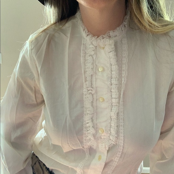Vintage 1970s White Lace Tuxedo Button Down Shirt - Picture 6 of 8